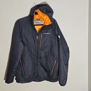 Eddie Bauer Men's Evertherm Down hooded jacket in gray and orange. Size Medium.